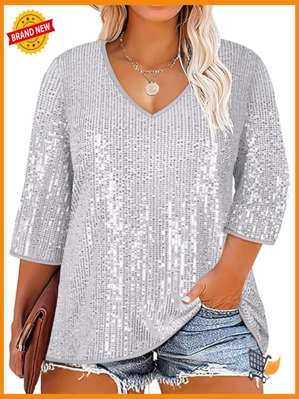 Plus Size Sequin Tunic Blouse 3/4 Sleeve V Neck Sparkly Top Loose Fit XL-5XL